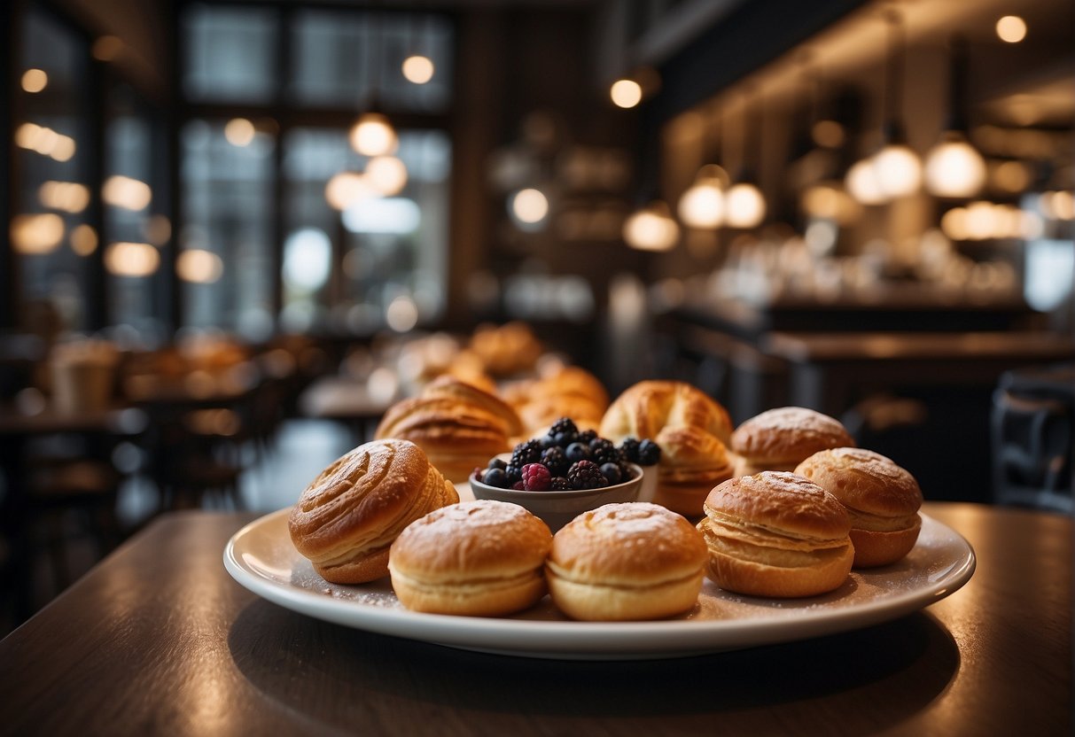 A bustling bistro with cozy tables and a display of artisanal pastries contrasts with a refined restaurant featuring elegant place settings and a gleaming open kitchen