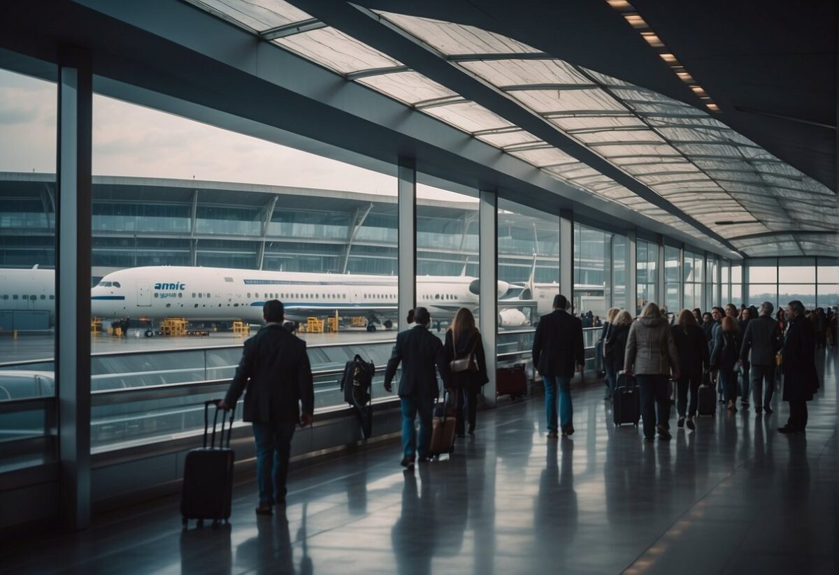 Passengers boarding a shuttle from Paris Orly Airport to the city, with a clear view of the airport terminal and surrounding landscape