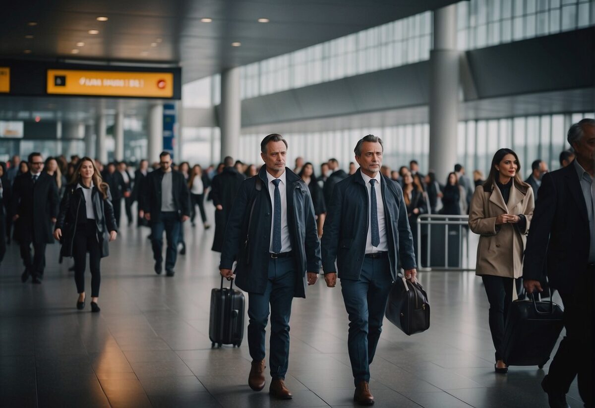 Passengers being escorted from a private transfer vehicle to the entrance of Paris Orly airport, with the iconic airport architecture in the background