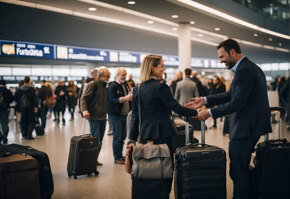 Passengers and driver exchange greetings at Paris Orly airport. Luggage is loaded into the car as they prepare to depart for Paris