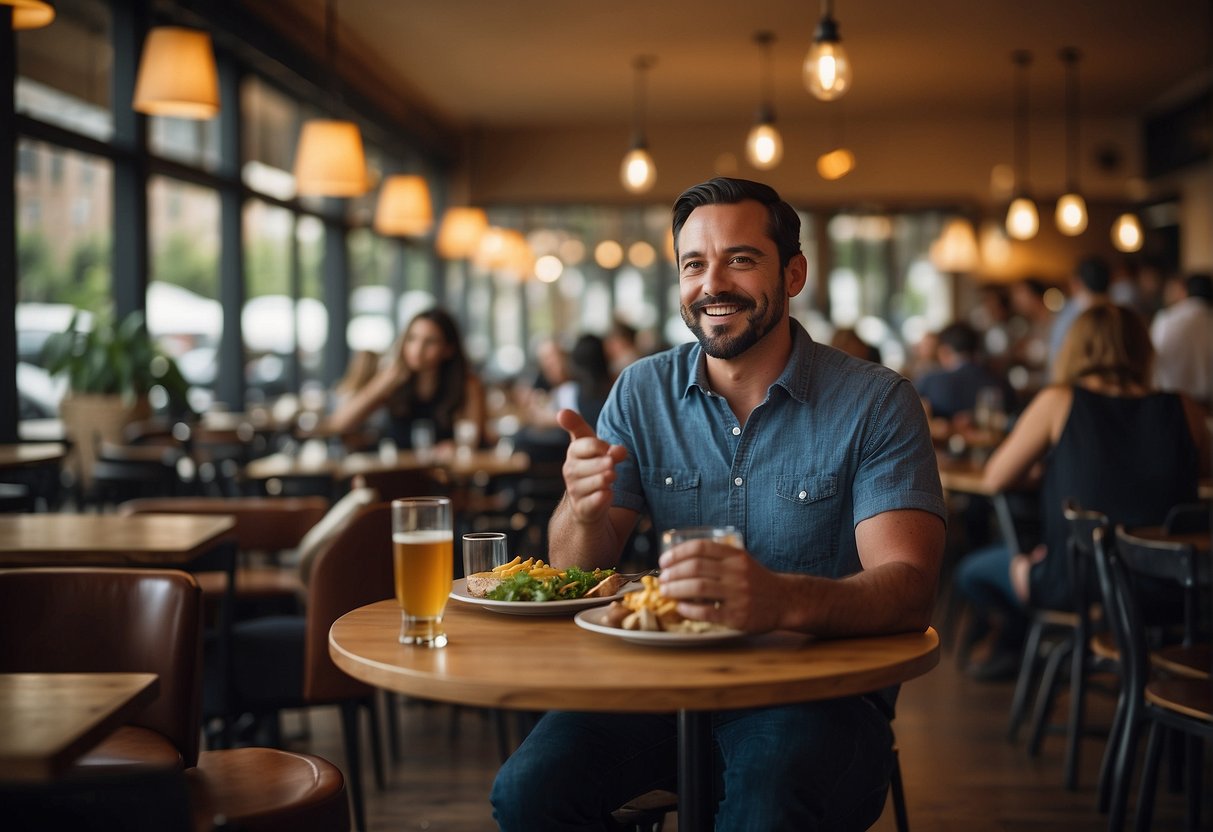 A rustic bistro with wooden tables and vintage wine barrels contrasts a modern restaurant with sleek furniture and an open kitchen
