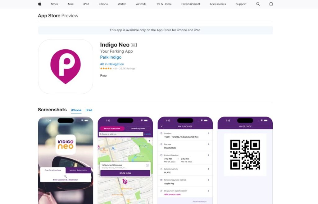 Indigo Neo app displayed on the App Store, showcasing a purple design and information about its functionalities.
