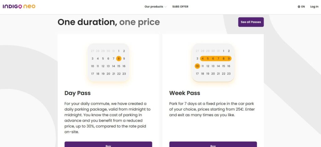 Screenshot of the Indigo website featuring Parking Day and Week Passes