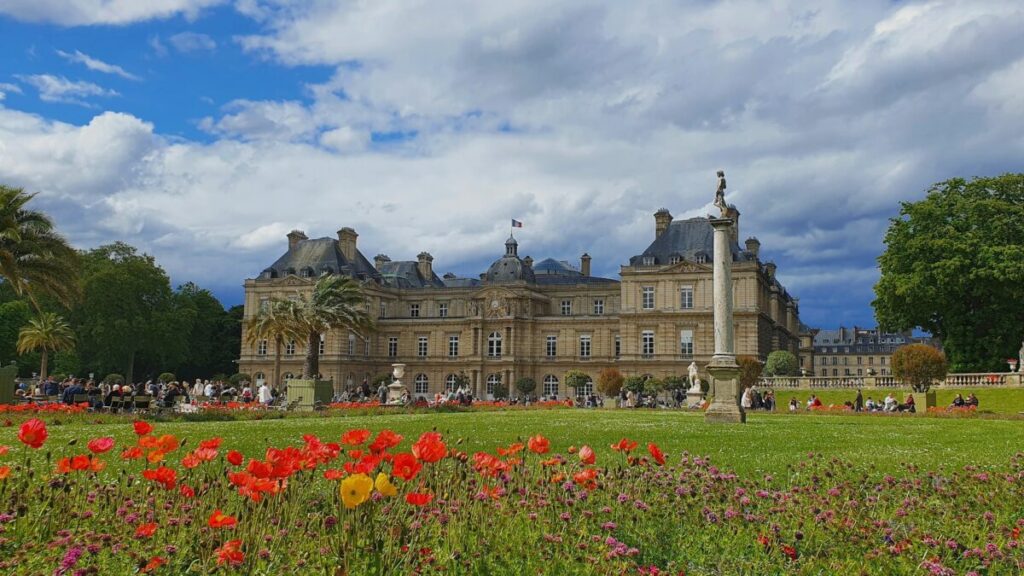 Jardin du Luxembourg and skyline in Paris, France
