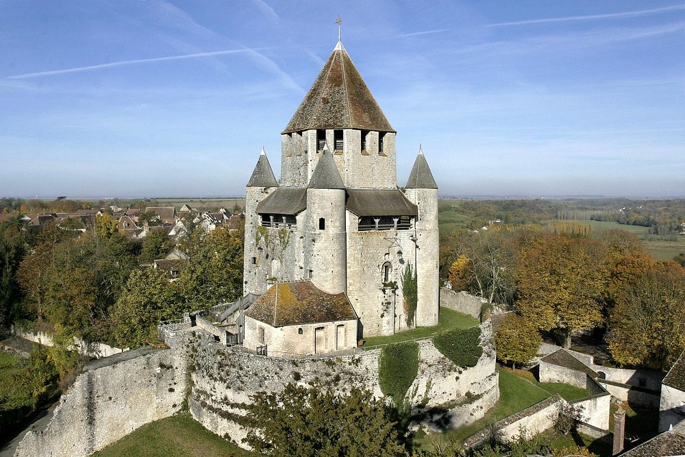 La Tour César in France, a castle surrounded by trees, features a prominent tower rising above the landscape.