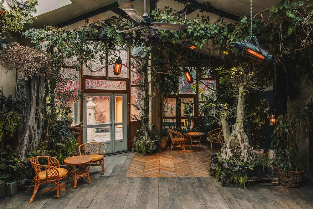 Inside view of Le Comptoir Général, Paris, showcasing lush plants and inviting chairs in a warm atmosphere.