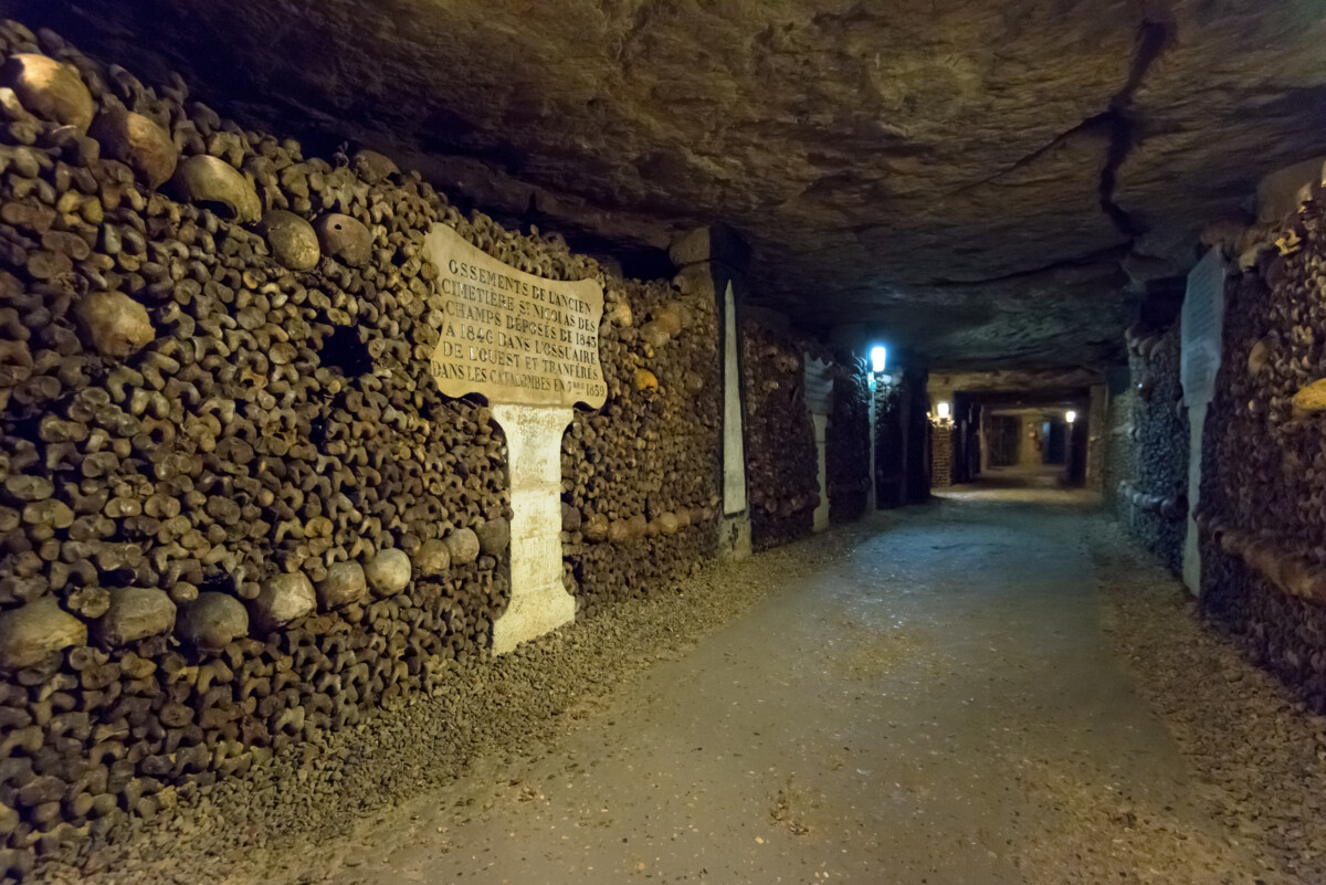 Pathway inside the Catacombs underground Paris, France