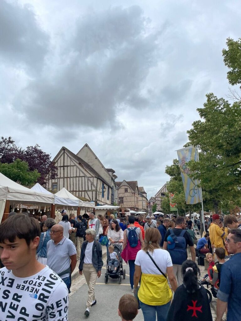 People stroll through the vibrant market at Les Médiévales de Provins, engaging with vendors and enjoying the festive atmosphere.
