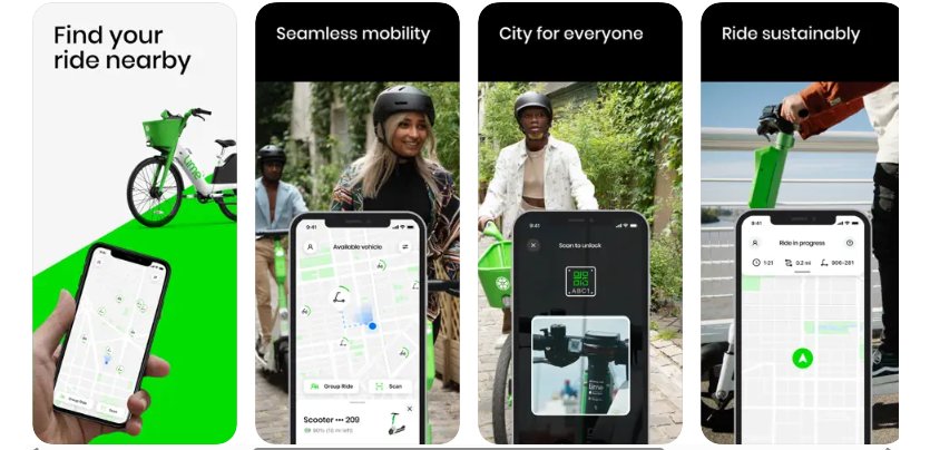 Lime app view featuring a map highlighting e-scooter locations and a simple interface for users to navigate.