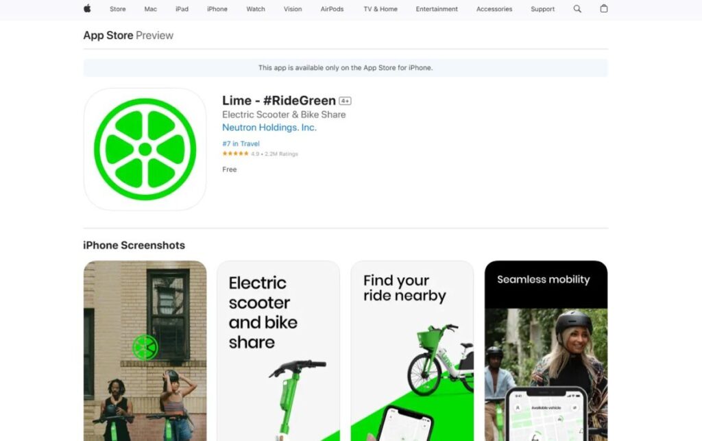 Lime app displayed in the Apple App Store, featuring a green logo and options for electric scooter rentals.