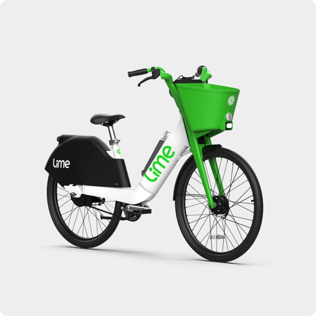 Close-up of a Lime E-Bike showcasing its sleek design, vibrant green color, and modern features.