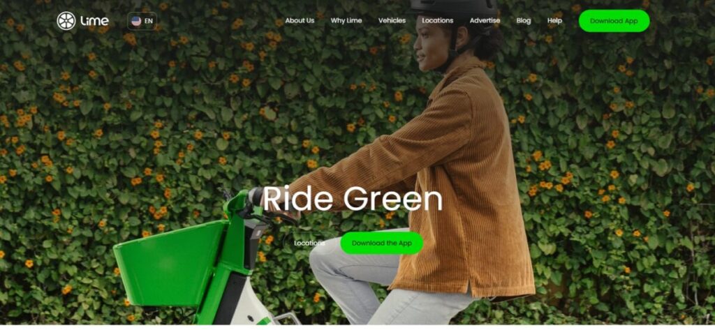 Lime website landing page featuring vibrant colors, navigation menu, and promotional content for electric scooters and bikes.