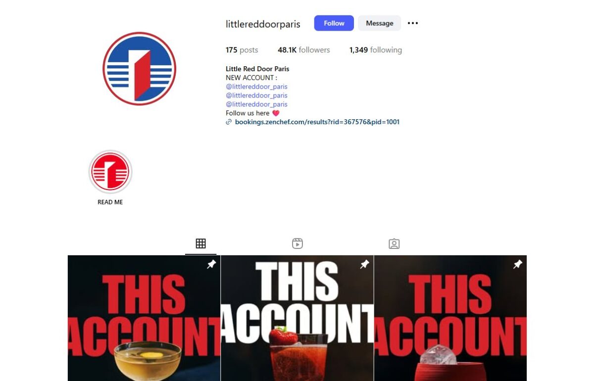 Instagram profile of Little Red Door Paris, highlighting drinks and a logo.