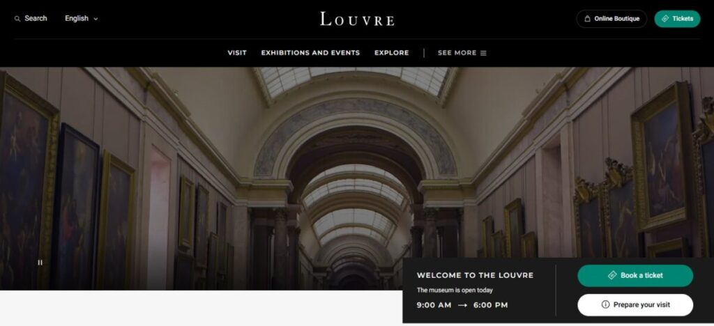 Louvre Museum website landing page featuring iconic artworks and navigation options for exploring exhibits and collections.