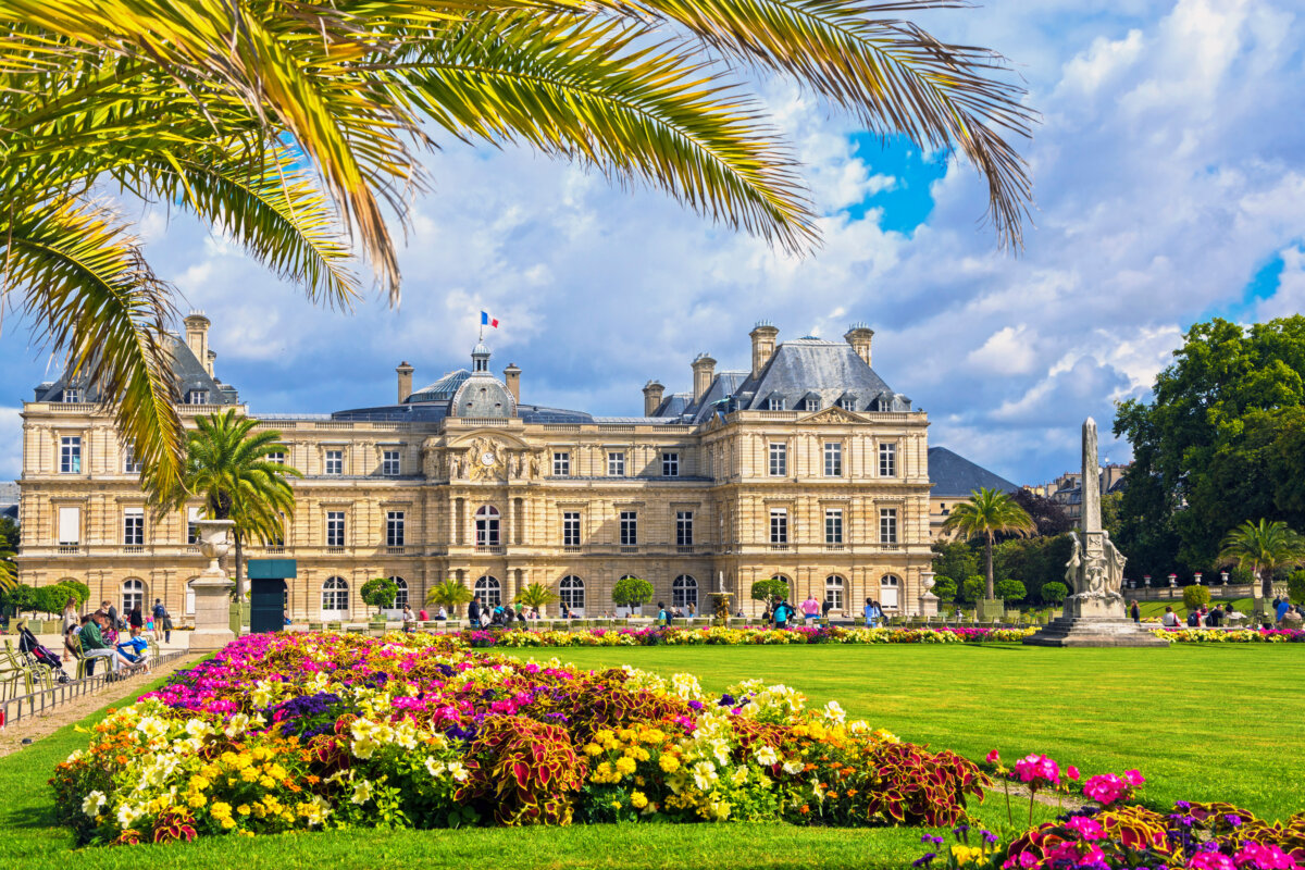 Beautiful palace nestled in the vibrant Luxembourg Gardens of Paris, France, showcasing classic architecture.