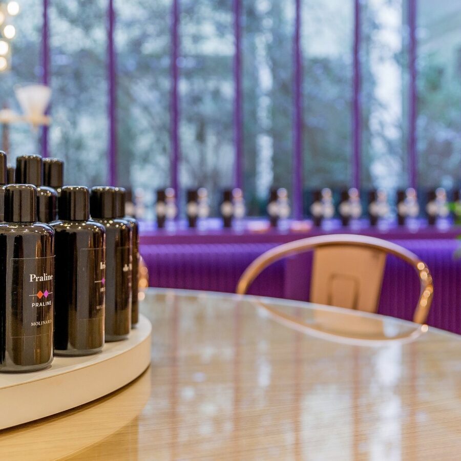 Perfumes bottle son display at the MOLINARD Parfums creation workshop