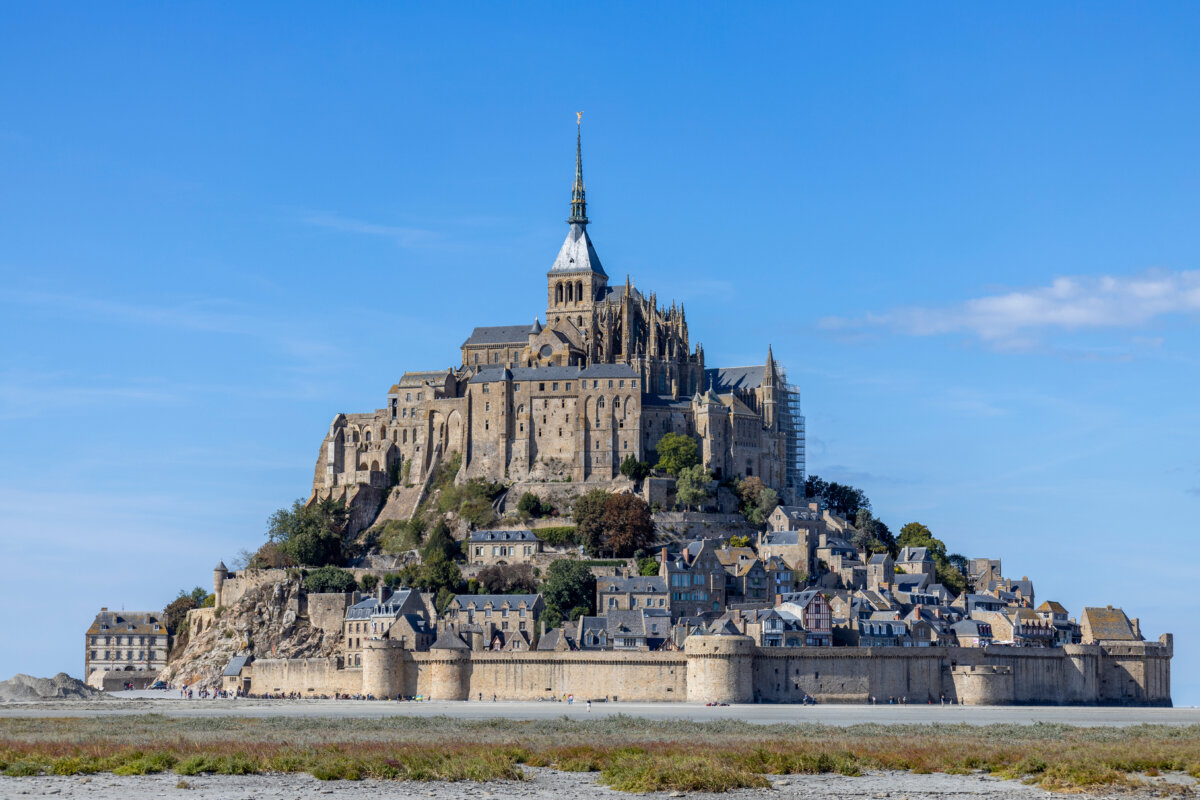 Panoramic view of Mont-Saint-Michel Abbey, showcasing its stunning architecture against the backdrop of Normandy's coastline.