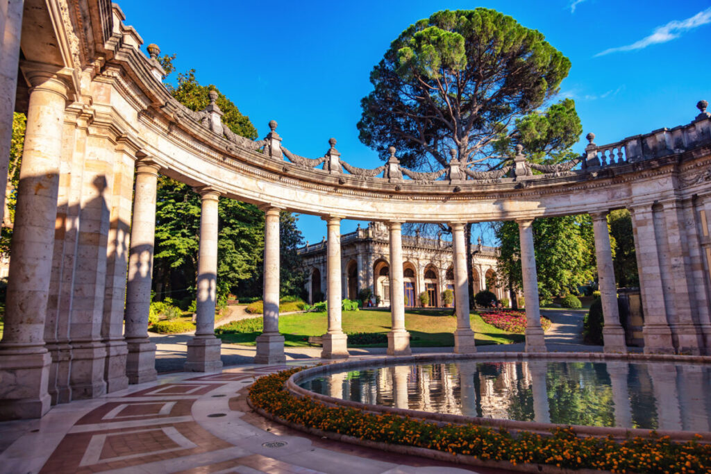 Scenic view of the Montecatini thermal baths in Pistoia, Tuscany, Italy, featuring beautiful architecture and greenery.