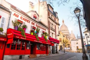 Street and brasserie in Montmartre, Paris, France