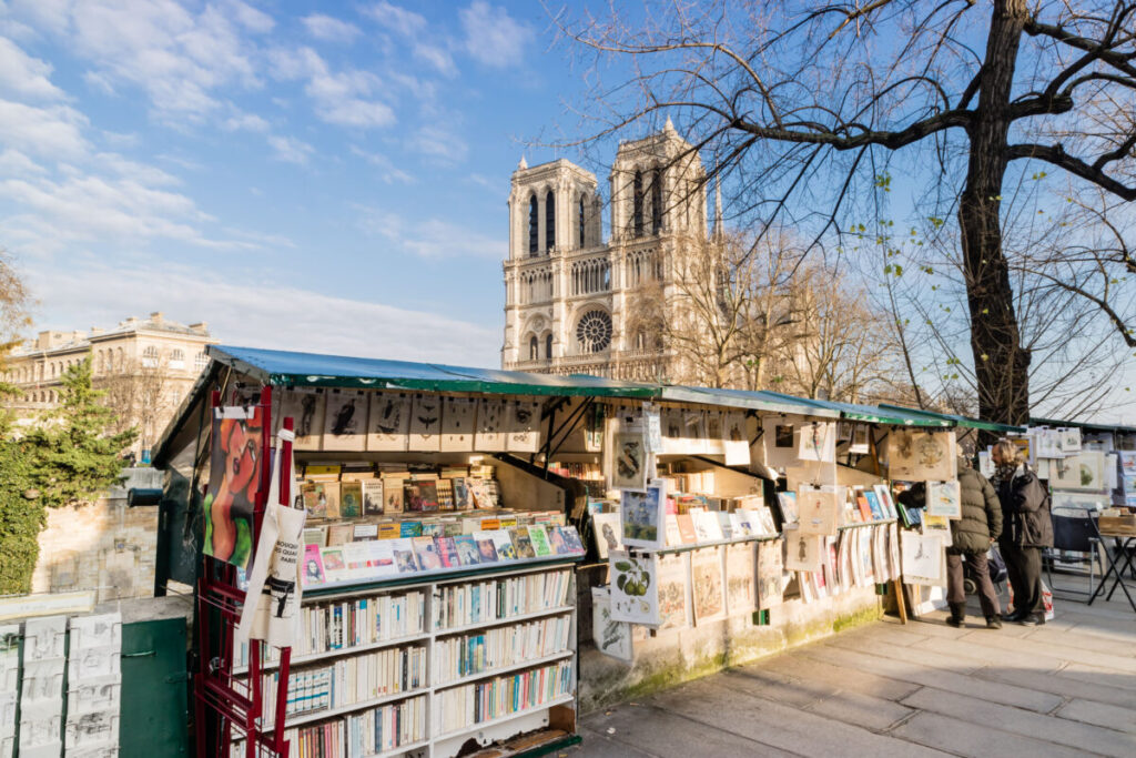 Outdoor bookstall along the Seine River in Paris, with books and art prints, set against the backdrop of Notre-Dame Cathedral on a sunny day.