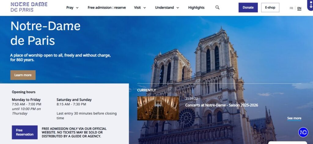 Notre-Dame de Paris website screenshot featuring the cathedral against a blue sky. Text highlights visiting hours and free admission details.