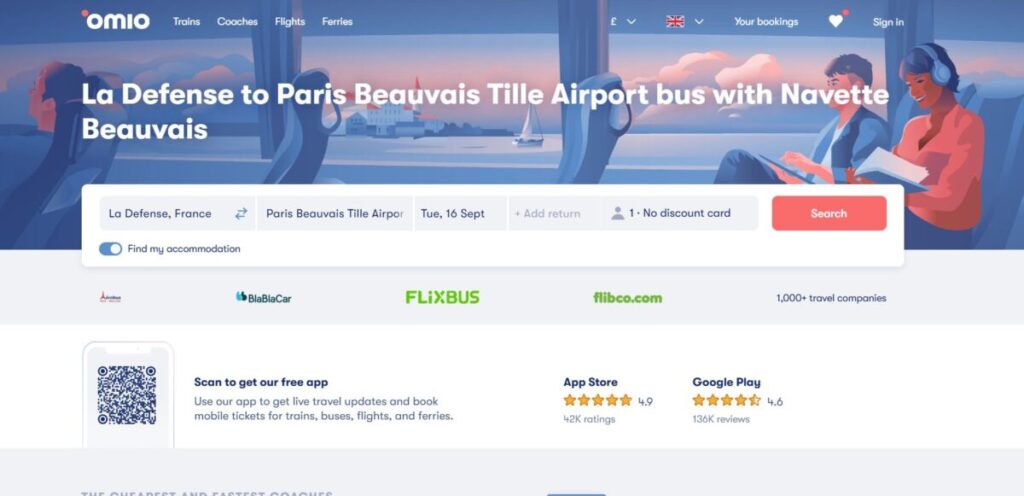 Omio service connecting La Defense to Paris Beauvais Tille Airport, highlighting travel arrangements and schedules.