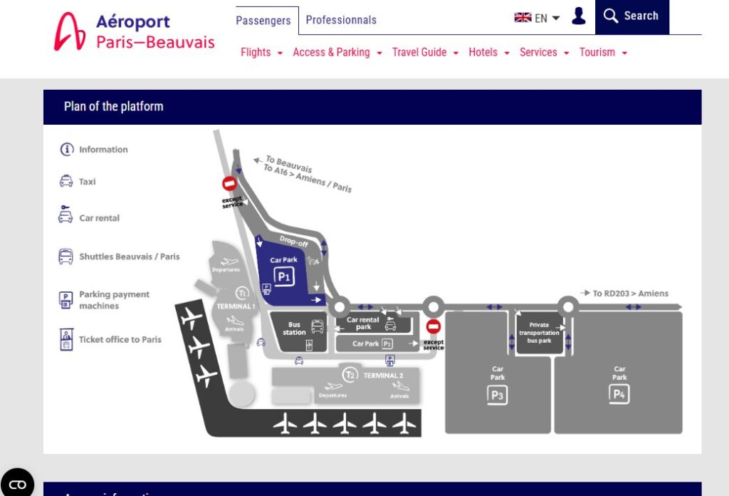 Map of Paris Beauvais Airport parking, displayed on the website for easy navigation and guidance.