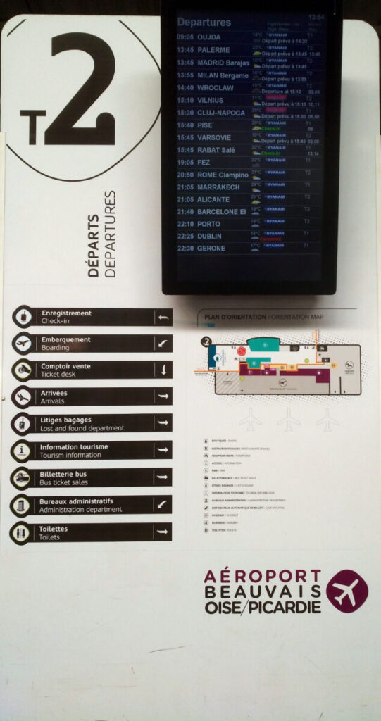 Wall with a map and information related to Paris Beauvais Airport Terminal 2.