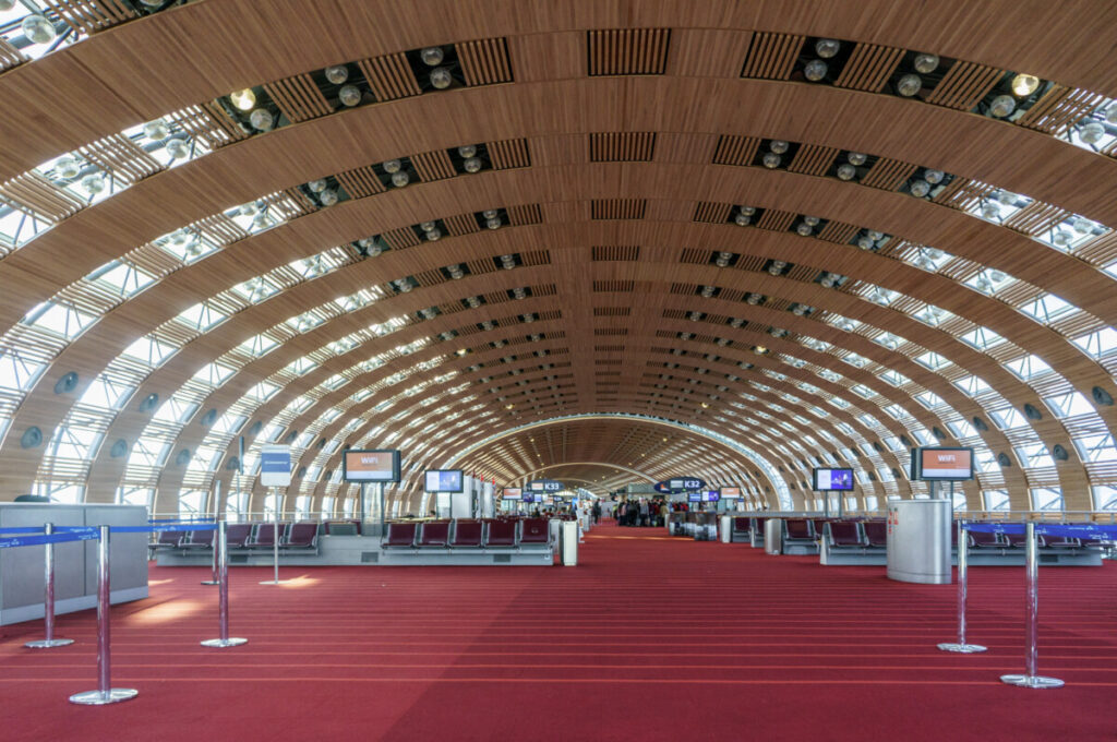 Hall of departure in Paris Charles de Gaulle Airport Terminal in Roissy-en-France, France