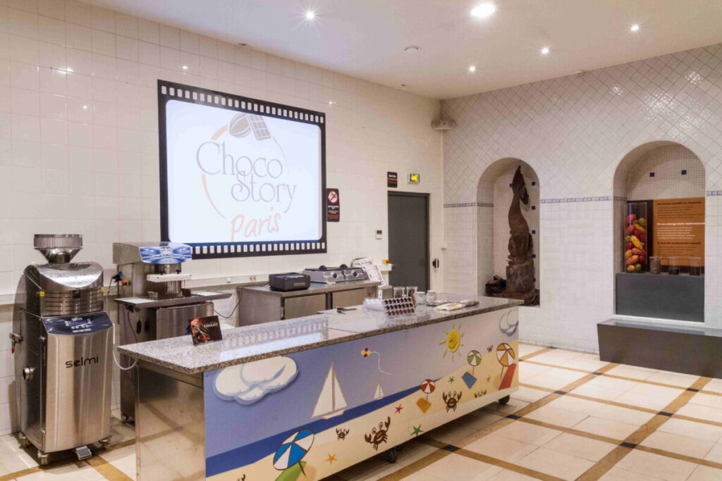 Chocolate making demonstrations and activity table in Paris Gourmet Chocolate Museum