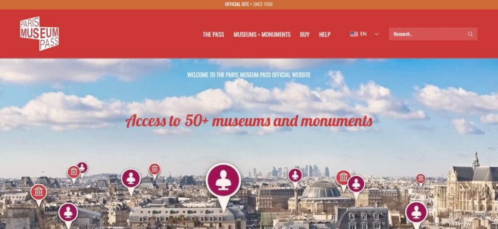 Skyline of Paris with interactive map icons over buildings, promoting "Access to 50+ museums and monuments" for the Paris Museum Pass on a blue sky backdrop.