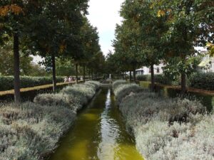 Serene canal in Paris Promenade Plantée, bordered by lush trees and vibrant bushes.