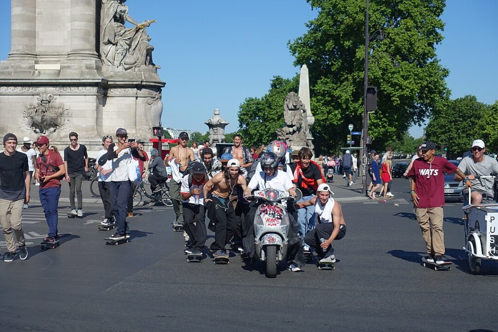Skateboarders in Pont Alexandre III, Paris, France