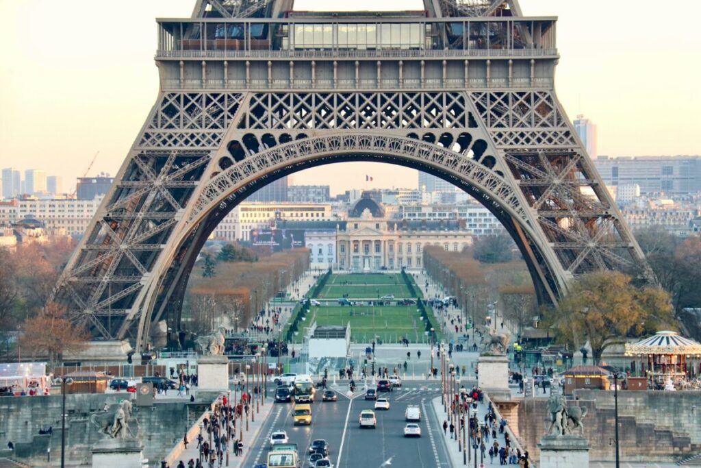 Different vehicles on a road in Eiffel Tower, Paris