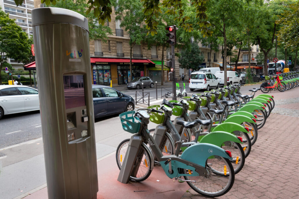 Vélib' Métropole station in Paris, featuring self-service bicycles for public use in the Greater Paris area
