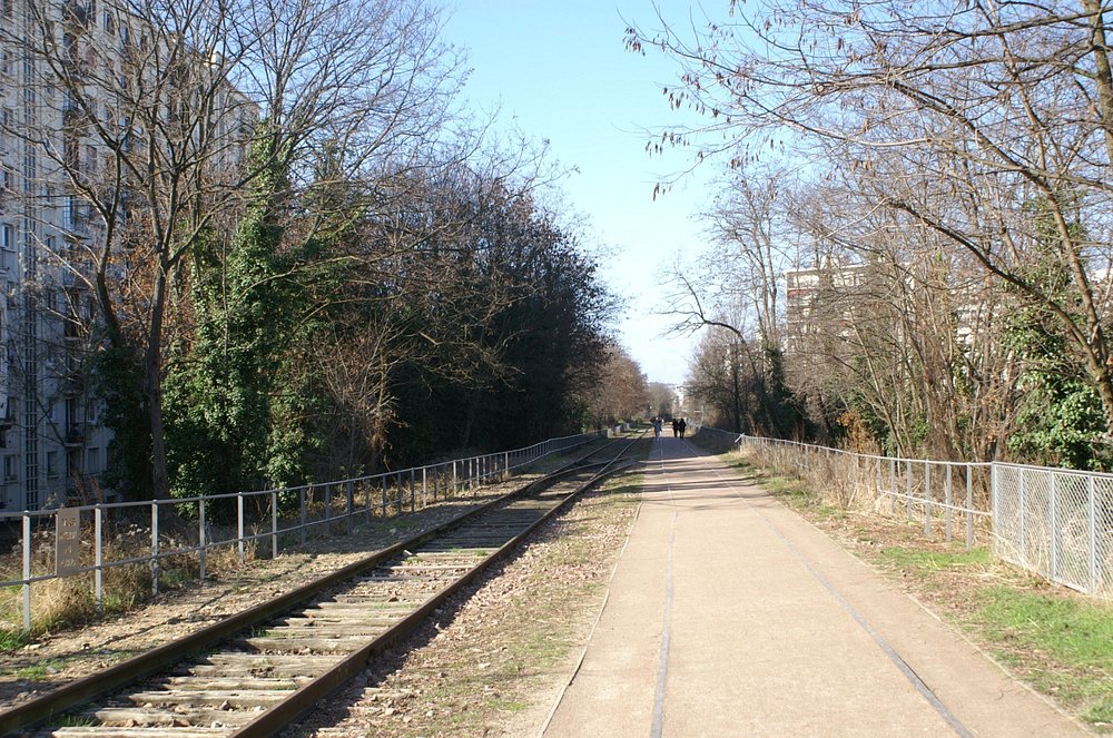 Petite Ceinture Trail pathway beside old railway tracks, lined with bare trees and buildings on the left. People walk ahead on a sunny day, conveying a serene, urban atmosphere.