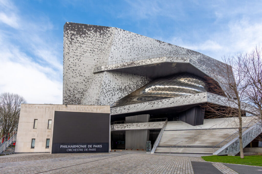 Exterior view of the Philharmonie de Paris, a complex made up of a concert hall, exhibition spaces and rehearsal rooms located in the Parc de la Villette