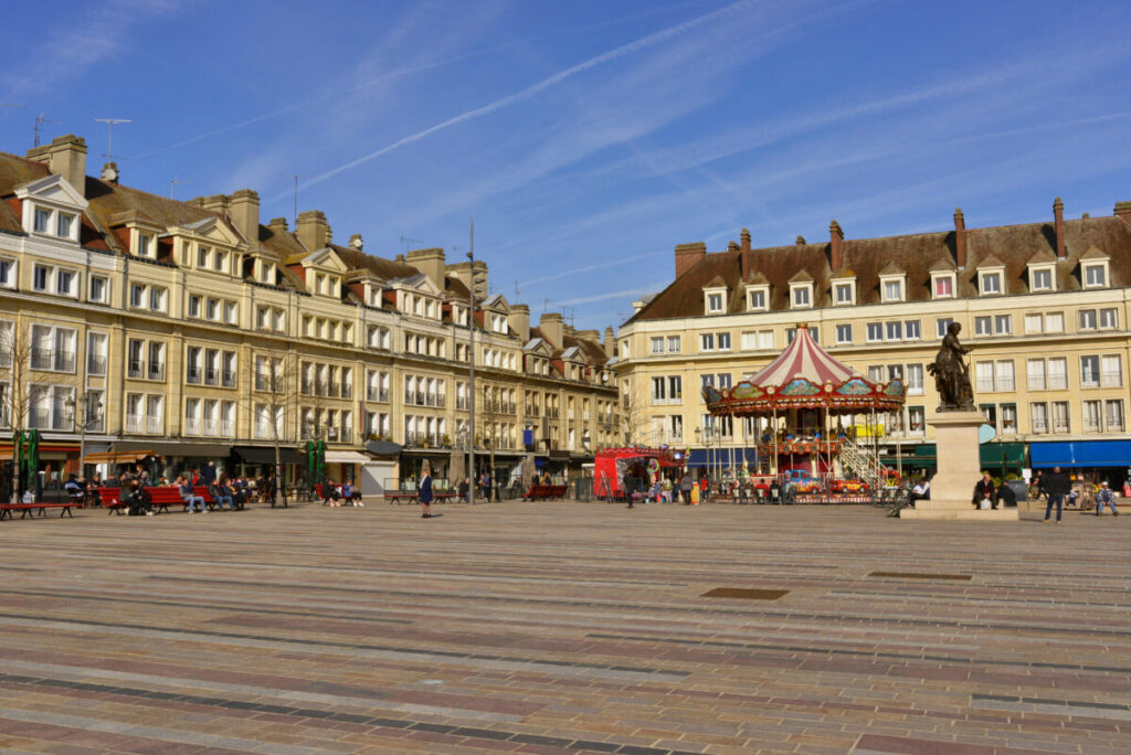 Vibrant view of Jeanne Hachette Square in Beauvais, France, showcasing beautiful and charming buildings