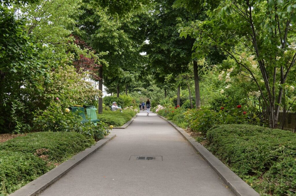 Beautiful paved walkway in Promenade Plantée, Paris, bordered by trees and colorful bushes.