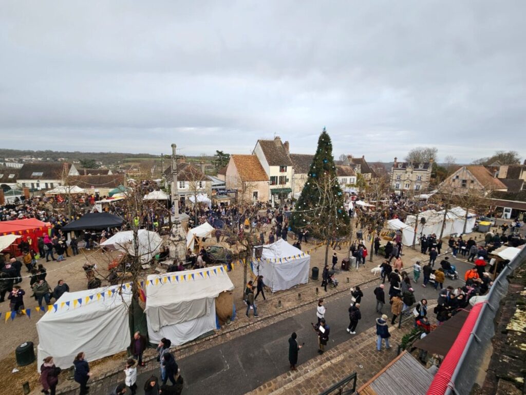 People enjoy the Provins Medieval Christmas Market, surrounded by tents and a beautifully adorned Christmas tree.