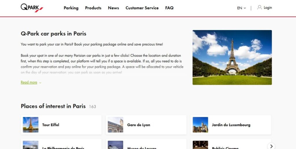 The website showcases an image of the Eiffel Tower alongside details about Q-Park Paris Parking.