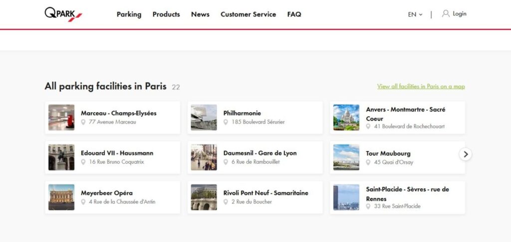 List of all 22 parking facilities of Q-Park in Paris