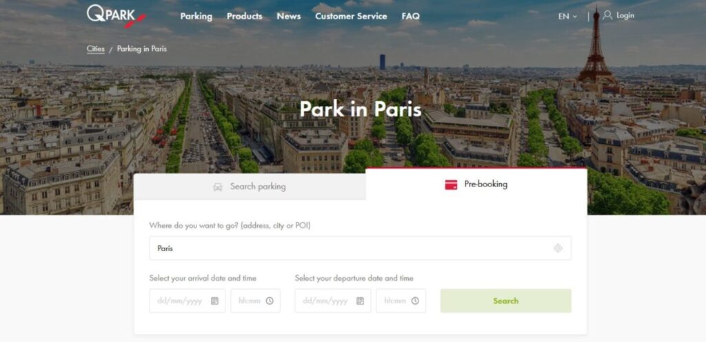 The Q-Park Paris website features an image of a scenic park in Paris, highlighting its lush landscape and walking paths.