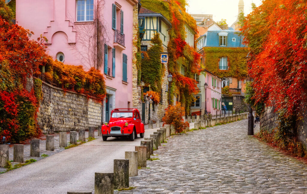 Picturesque street in Montmartre, Paris, highlighting the unique architecture and famous landmarks of the area.