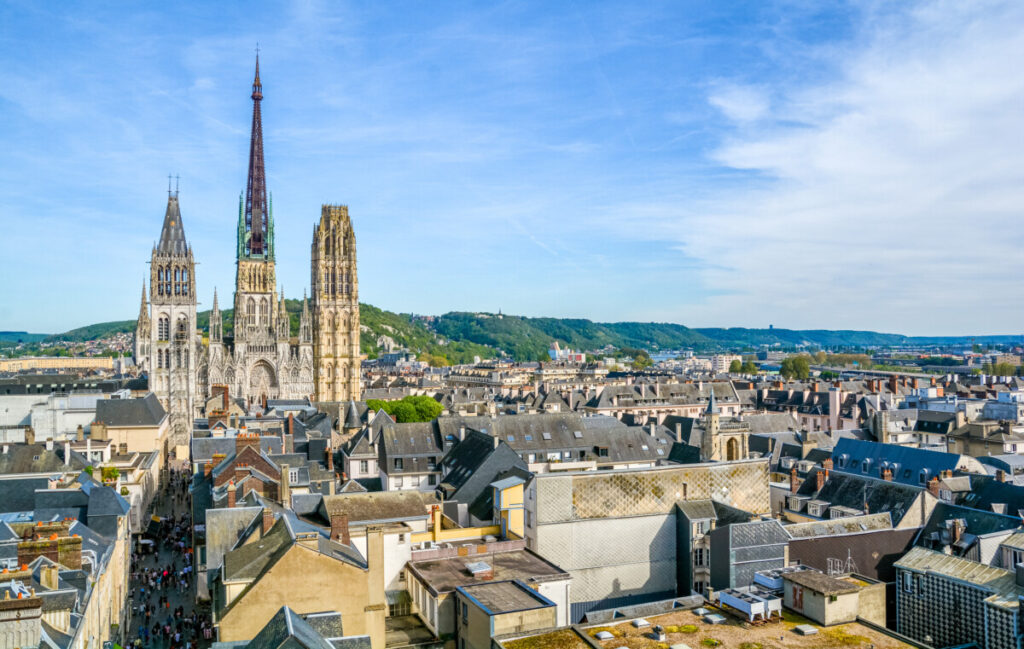Panoramic view of Rouen architecture, Cathedral of Notre-Dame, and skyline in Normandy, France