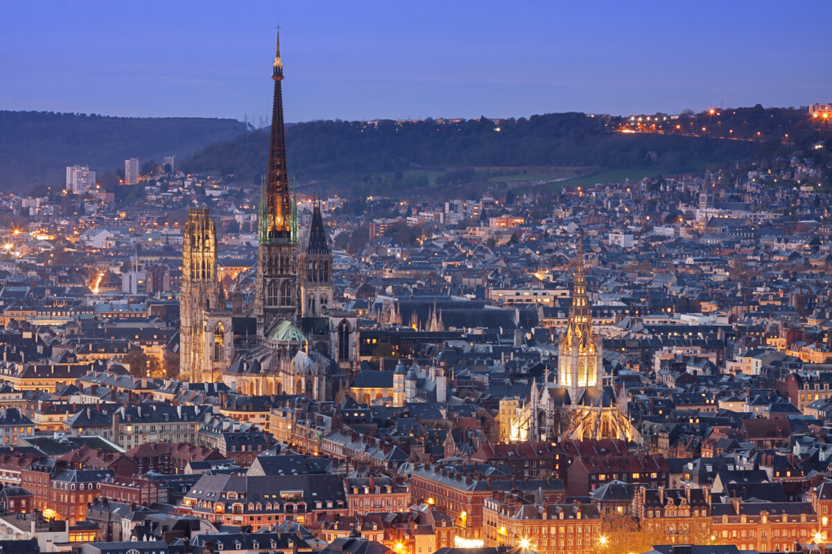 Aerial view of Rouen (Normandy, France) at dusk.
