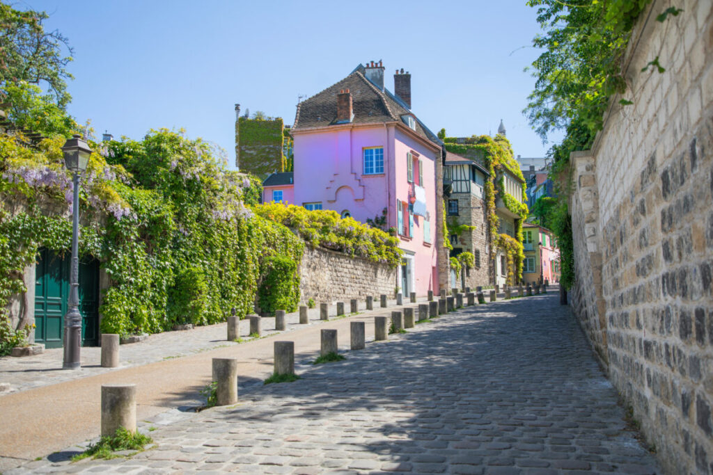 Scenic view of Rue de l'Abreuvoir in Montmartre, Paris, showcasing charming buildings and lush greenery.