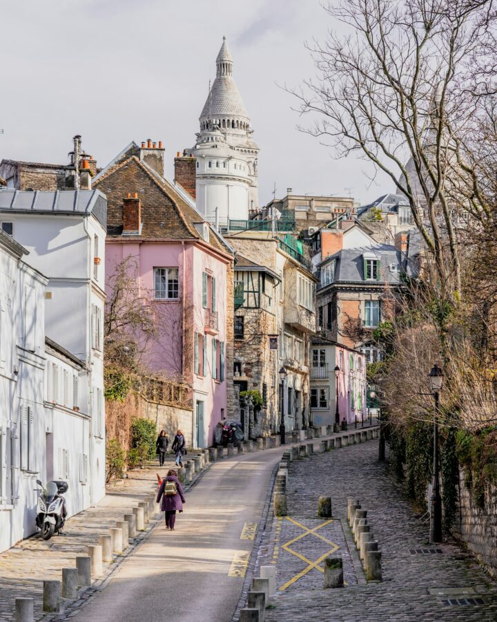 Walking at the Rue de l'Arbreuvoir Street in Montmartre, Paris, France