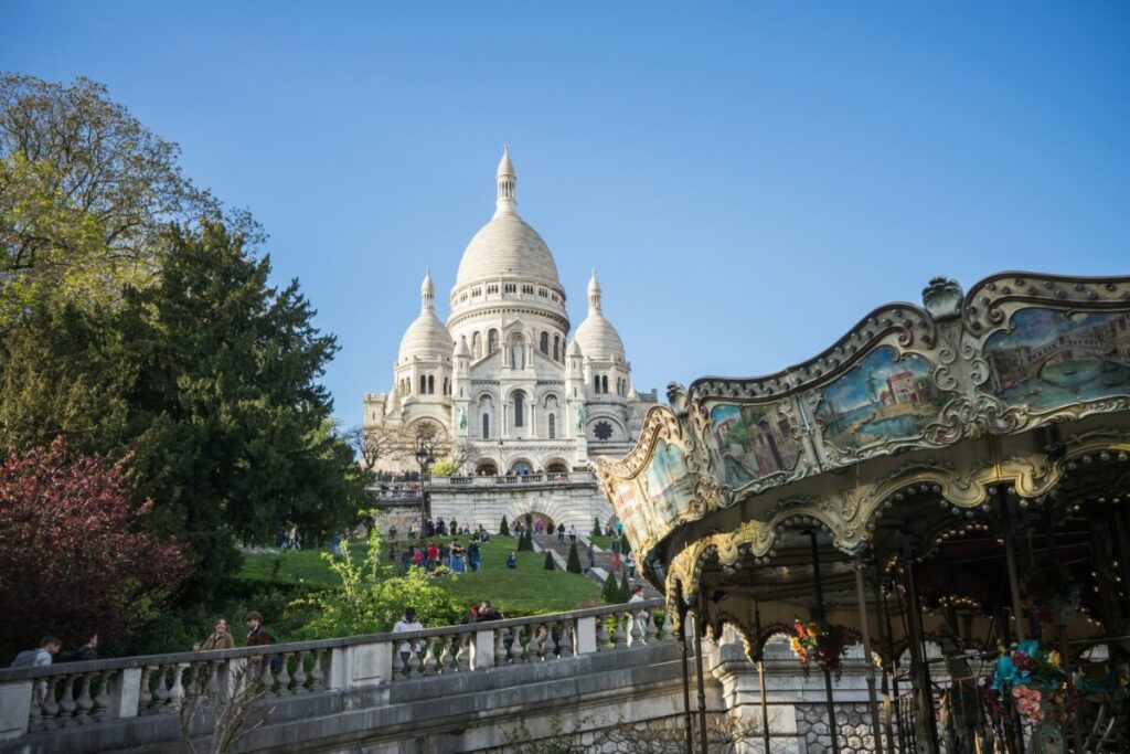 View and exterior of Sacré-Cœur Basilica in Paris, France