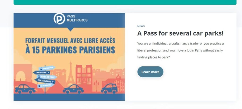 Saemes Parking Pass displayed in a Paris parking area, showcasing available parking spaces and city surroundings.